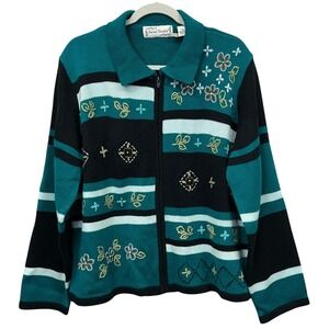 Sarah Bentley Sweater Womens XL Teal Black‎ Zip Cardigan Floral Knit Embroidered